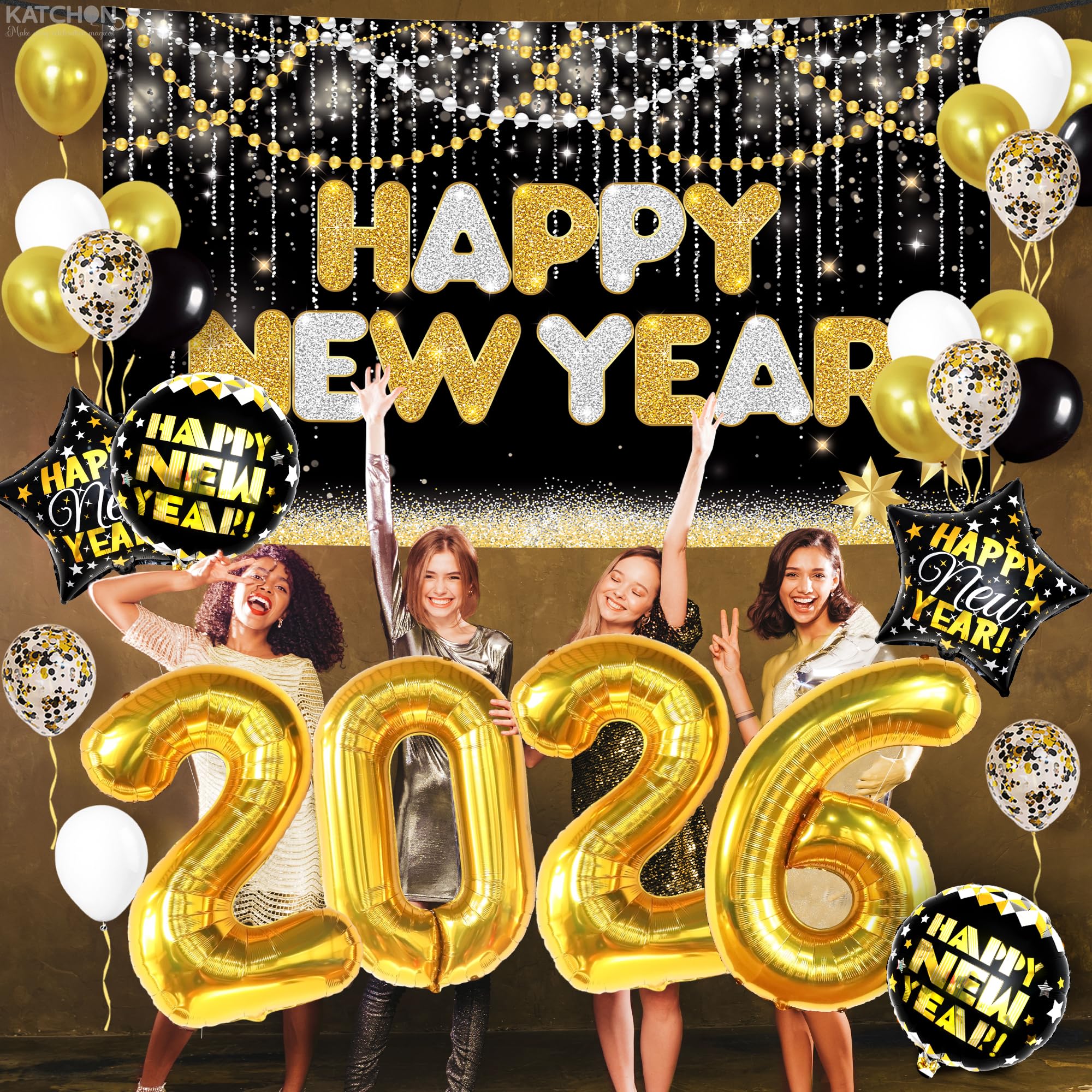 KatchOn black balloons create bold contrast for a chic New Year's Eve look.