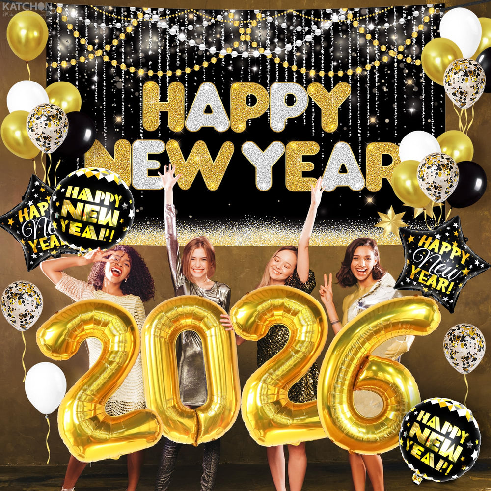 KatchOn black balloons create bold contrast for a chic New Year's Eve look.