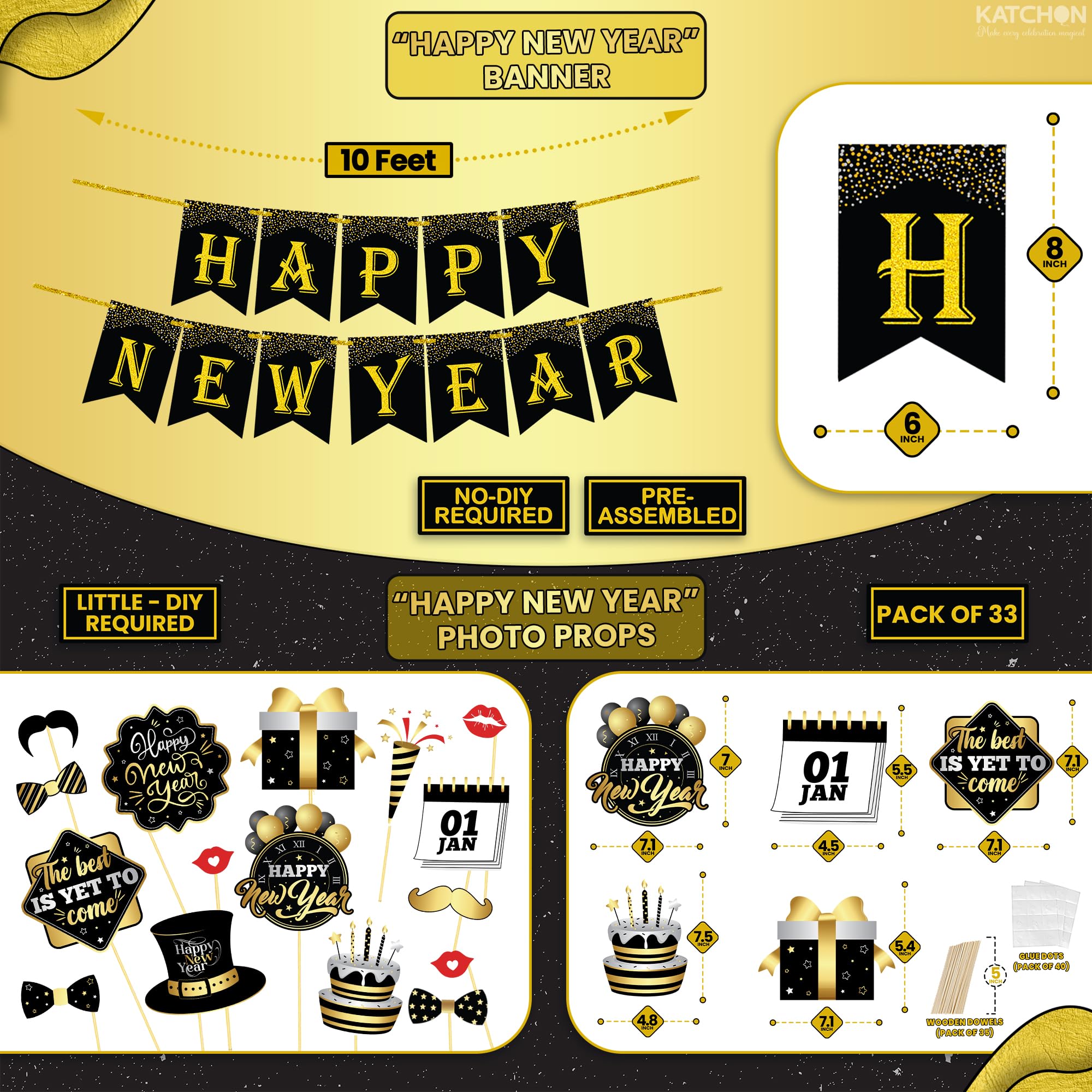KatchOn black-gold confetti balloons set for elegant NYE vibes.