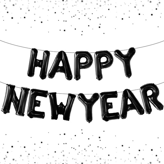 KatchOn black happy new year 16-inch foil balloon creates a chic NYE backdrop.