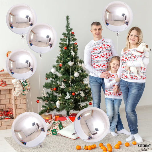 KatchOn 4D round silver balloon highlights shiny surface for elegant anniversary décor.