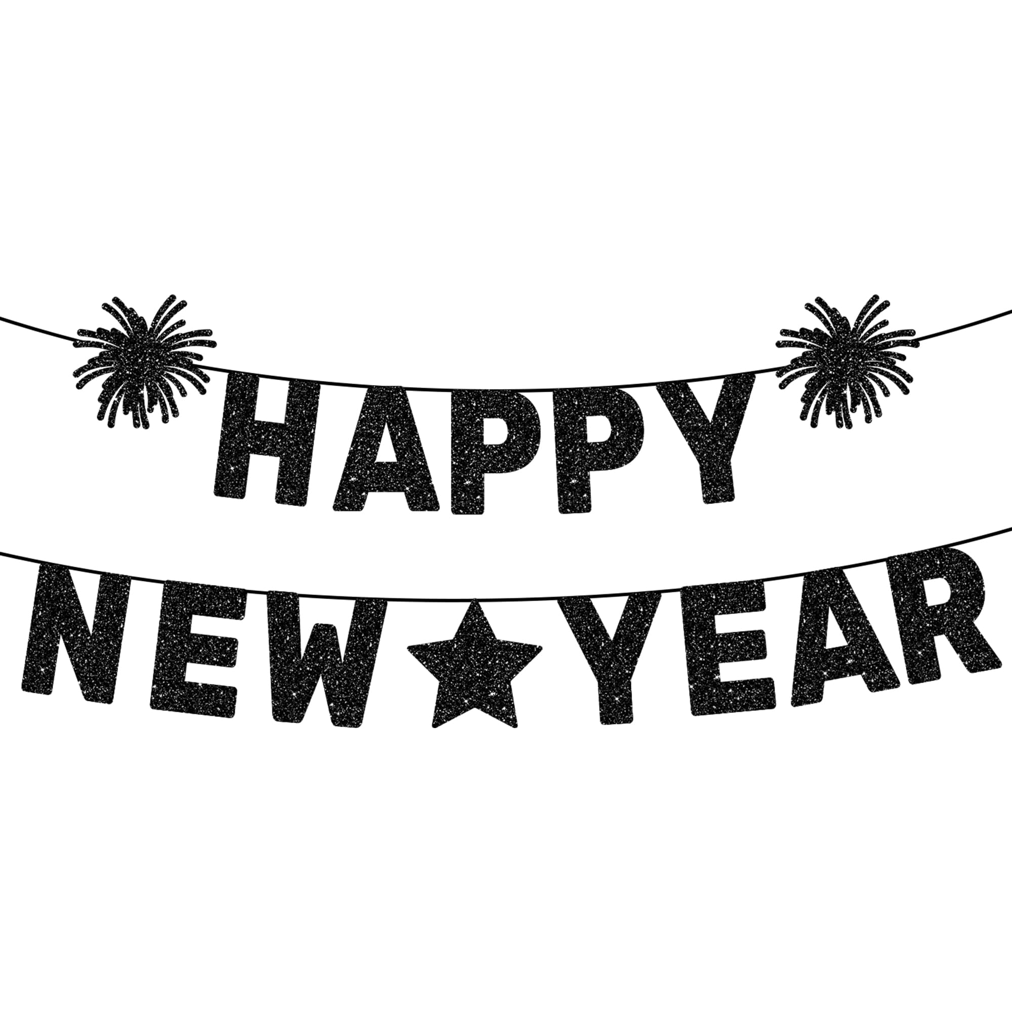 KatchOn Glitter Happy New Year Banner Black, 10ft, prominent NYE decor focal point