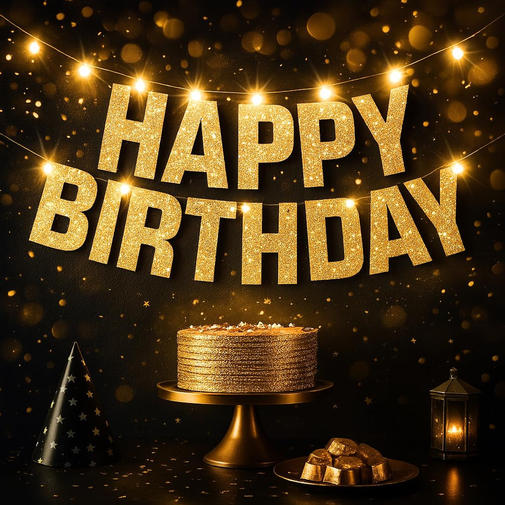 KatchOn glow gold 10 ft birthday banner lit for wall display and celebration ambiance