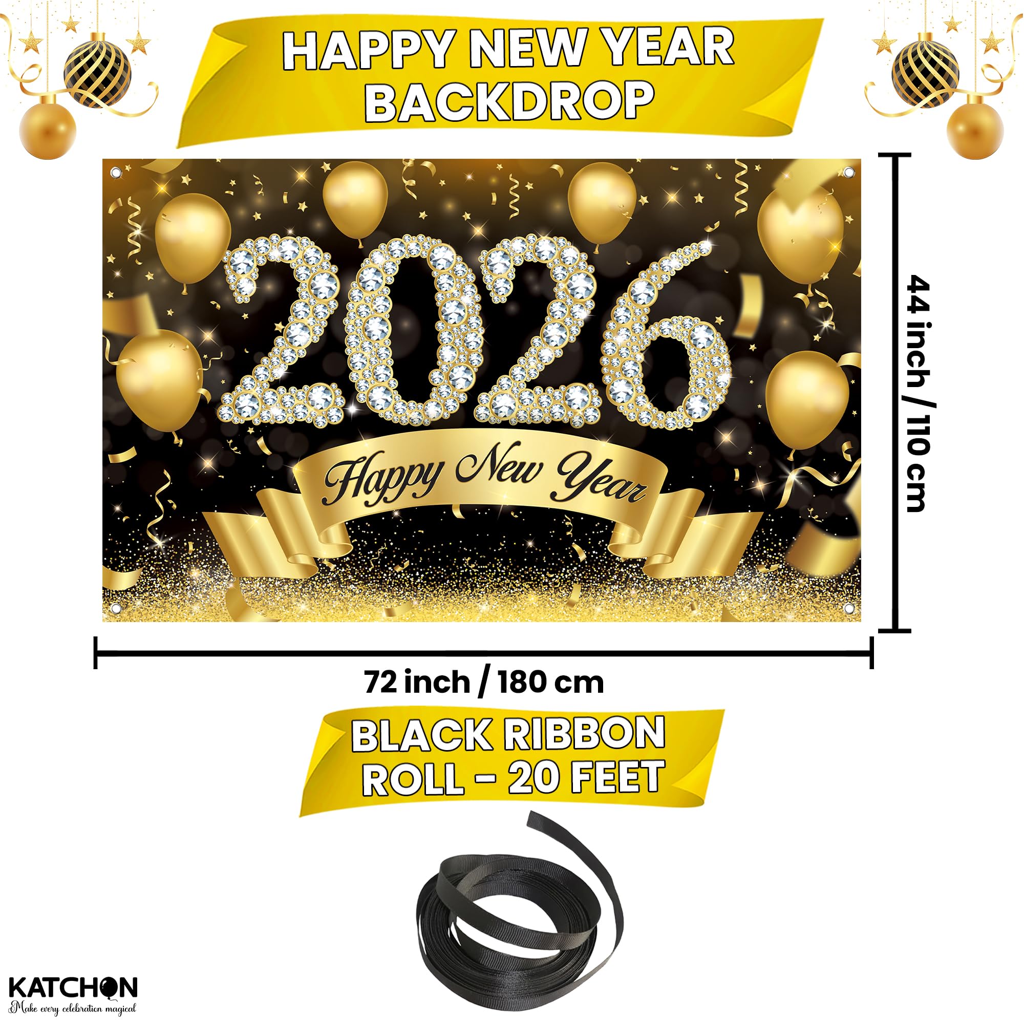 KatchOn gold-black banner features diamond glitter for festive NYE décor.