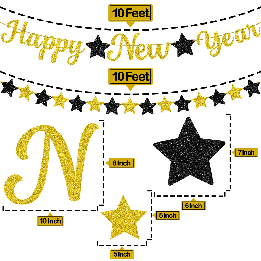 KatchOn gold-black glitter banner backdrop enhances elegant NYE ambiance