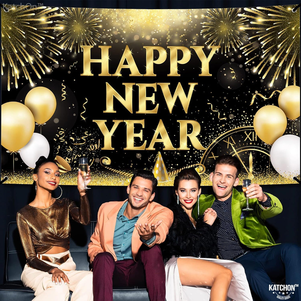 KatchOn gold-black NYE banner closeup highlighting shimmering text and festive details.