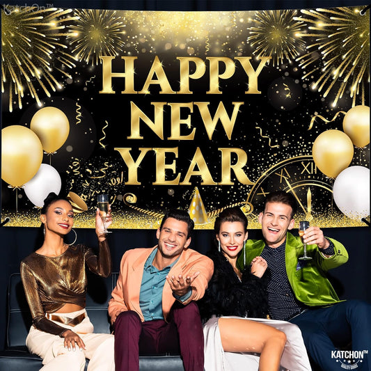 KatchOn gold-black NYE banner closeup highlighting shimmering text and festive details.
