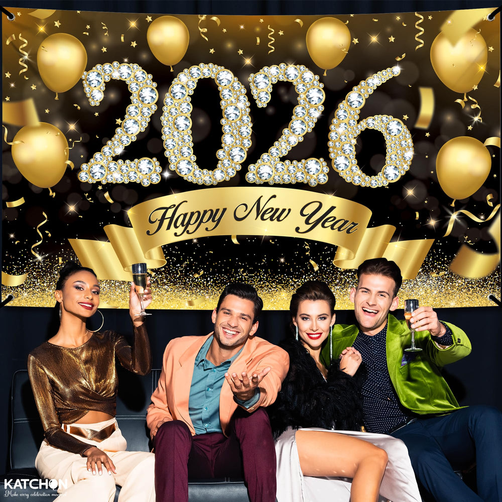 KatchOn gold-font banner adds luxurious glow to New Year displays.