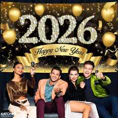 KatchOn gold-font banner adds luxurious glow to New Year displays.