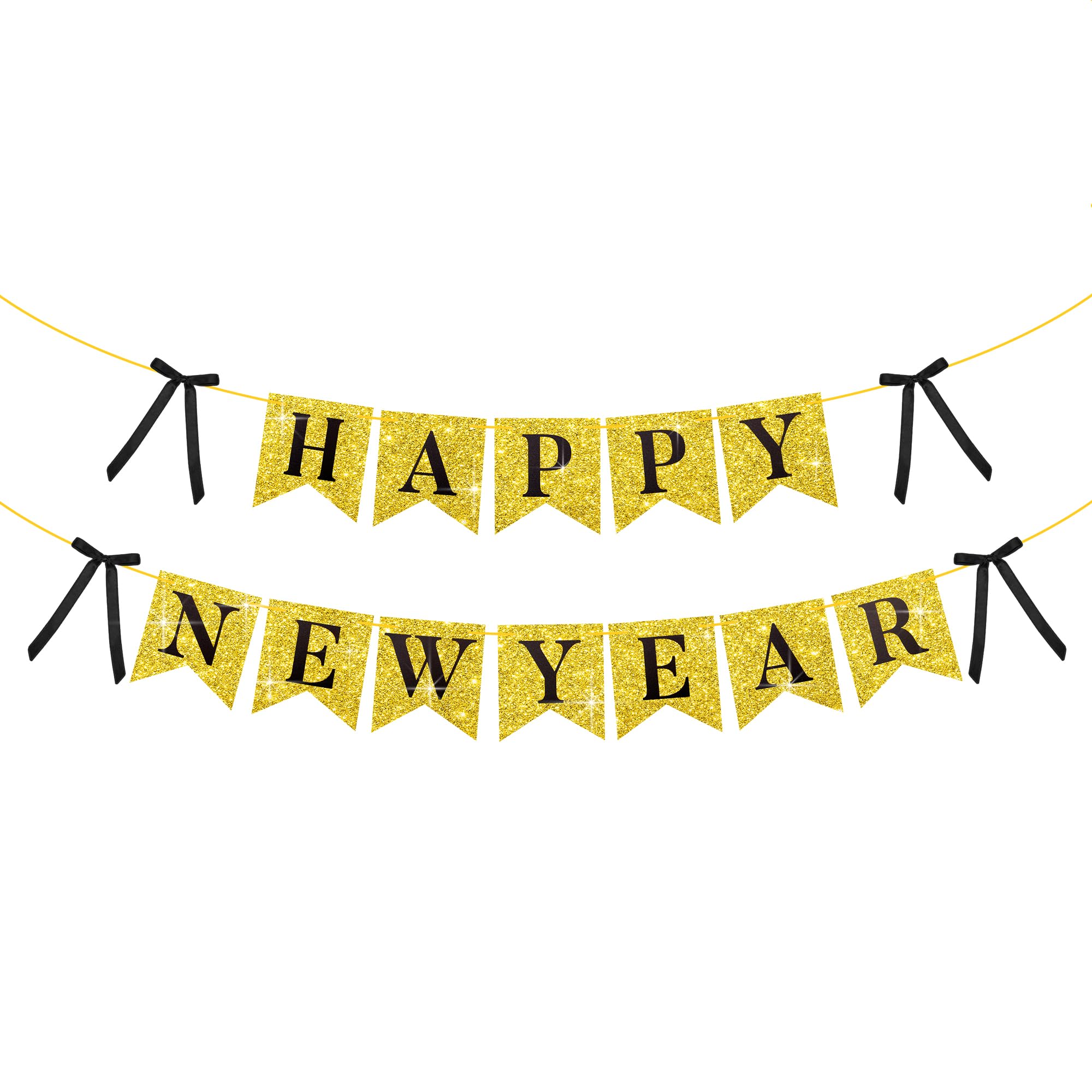 KatchOn Gold Happy New Year banner pennants draped to create a festive NYE backdrop.