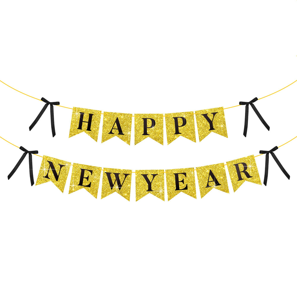 KatchOn Gold Happy New Year banner pennants draped to create a festive NYE backdrop.