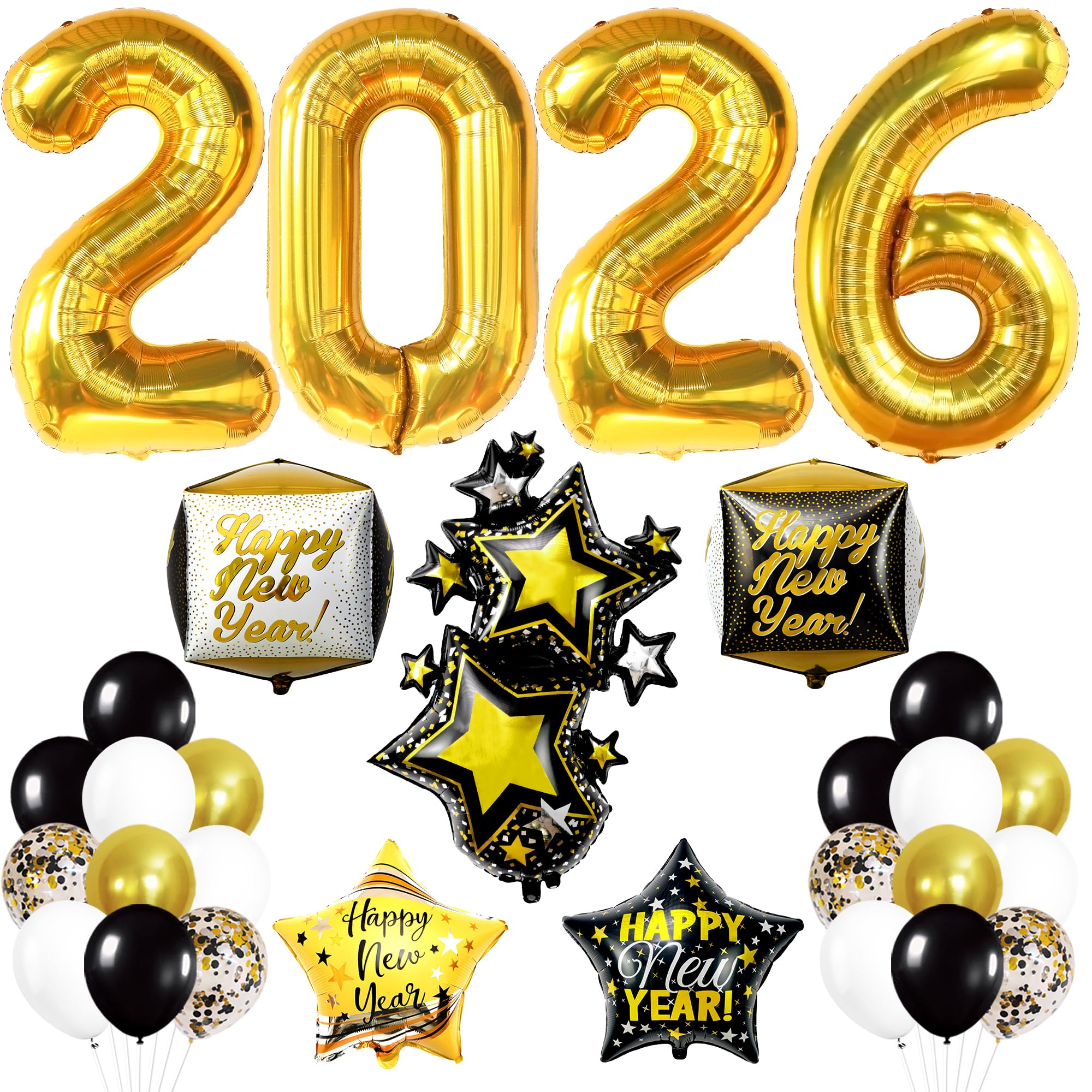 KatchOn 2026 number balloons in gold and black for a dramatic NYE centerpiece.