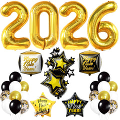 KatchOn 2026 number balloons in gold and black for a dramatic NYE centerpiece.