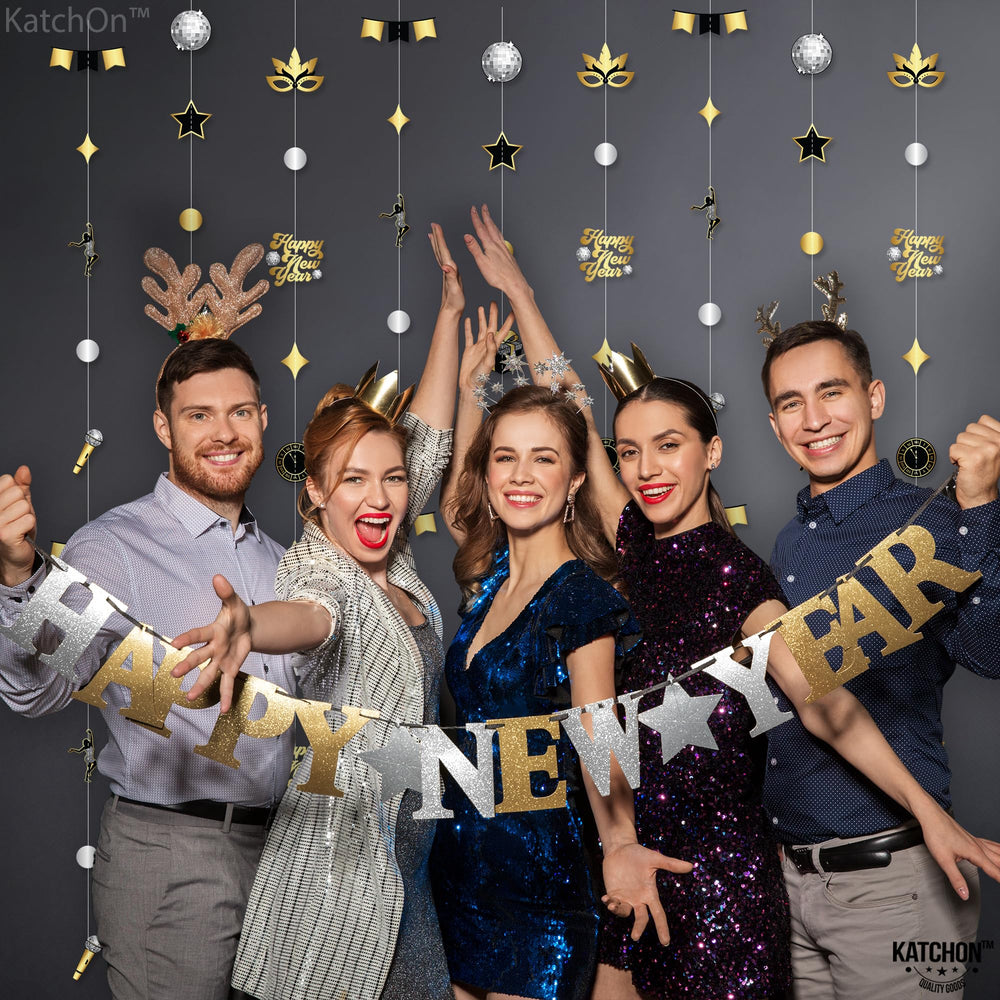 KatchOn Happy New Year backdrop 2026 in black and gold elevates party visuals