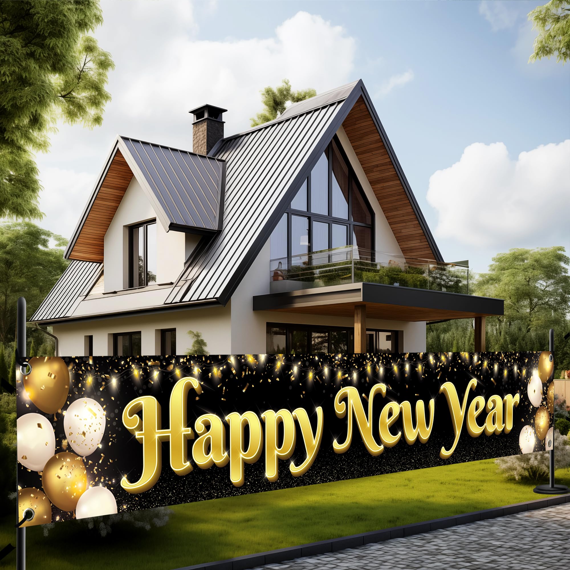 KatchOn happy new year banner 120x20 inches for outdoor celebrations.