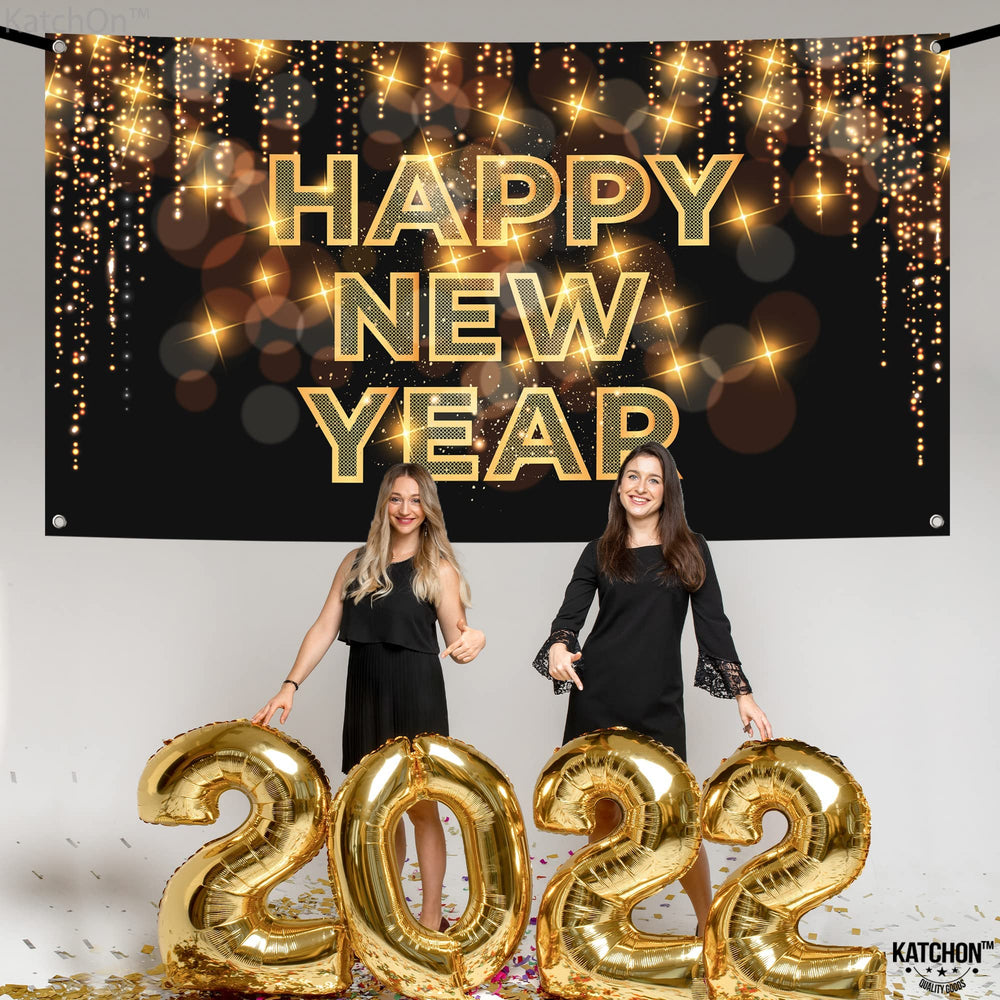 KatchOn Happy New Year banner 72x44 hanging setup for quick, reusable decor
