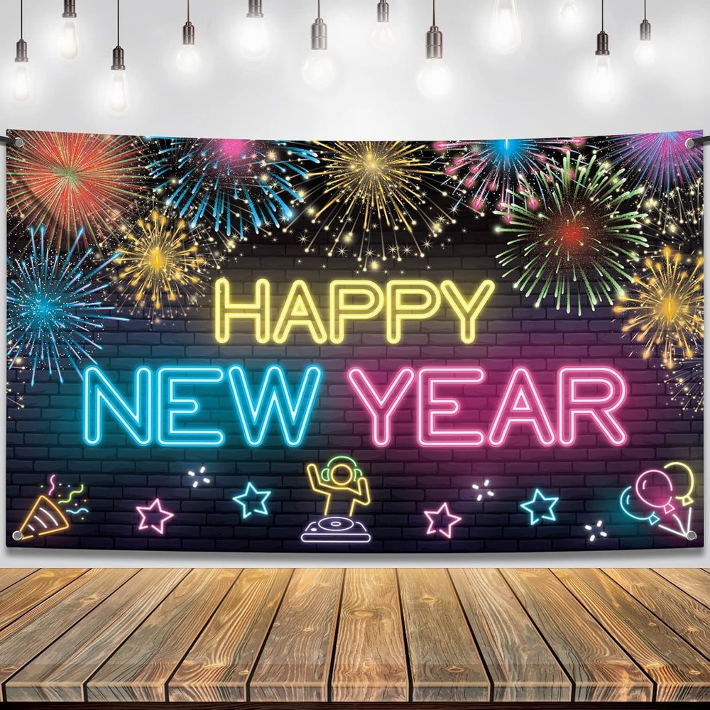 KatchOn neon Happy New Year banner 72x44 inches glows as a vibrant photo backdrop.