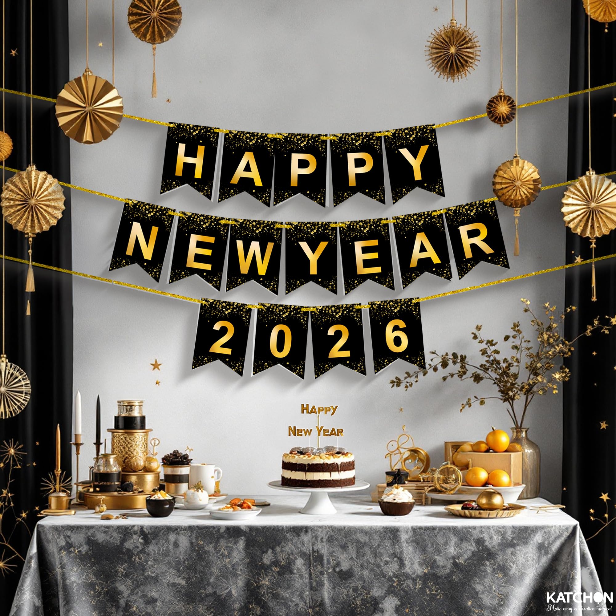 KatchOn Happy New Year banner with black and gold contrast.