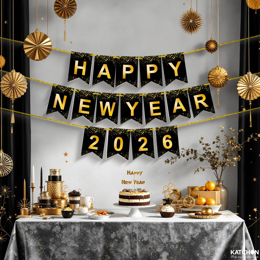 KatchOn Happy New Year banner with black and gold contrast.