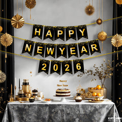 KatchOn Happy New Year banner with black and gold contrast.