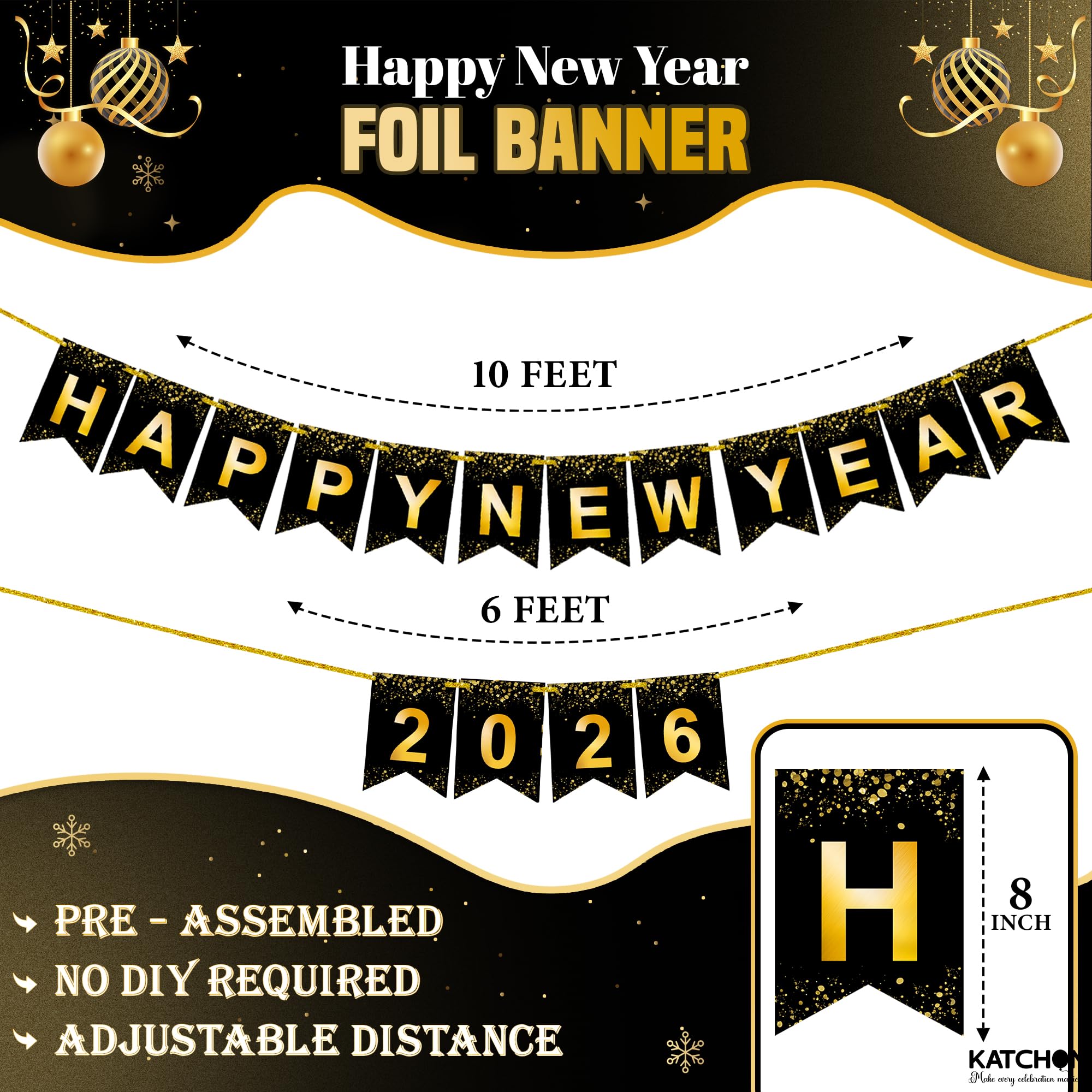 KatchOn Happy New Year banner gold foil detail adds festive elegance.