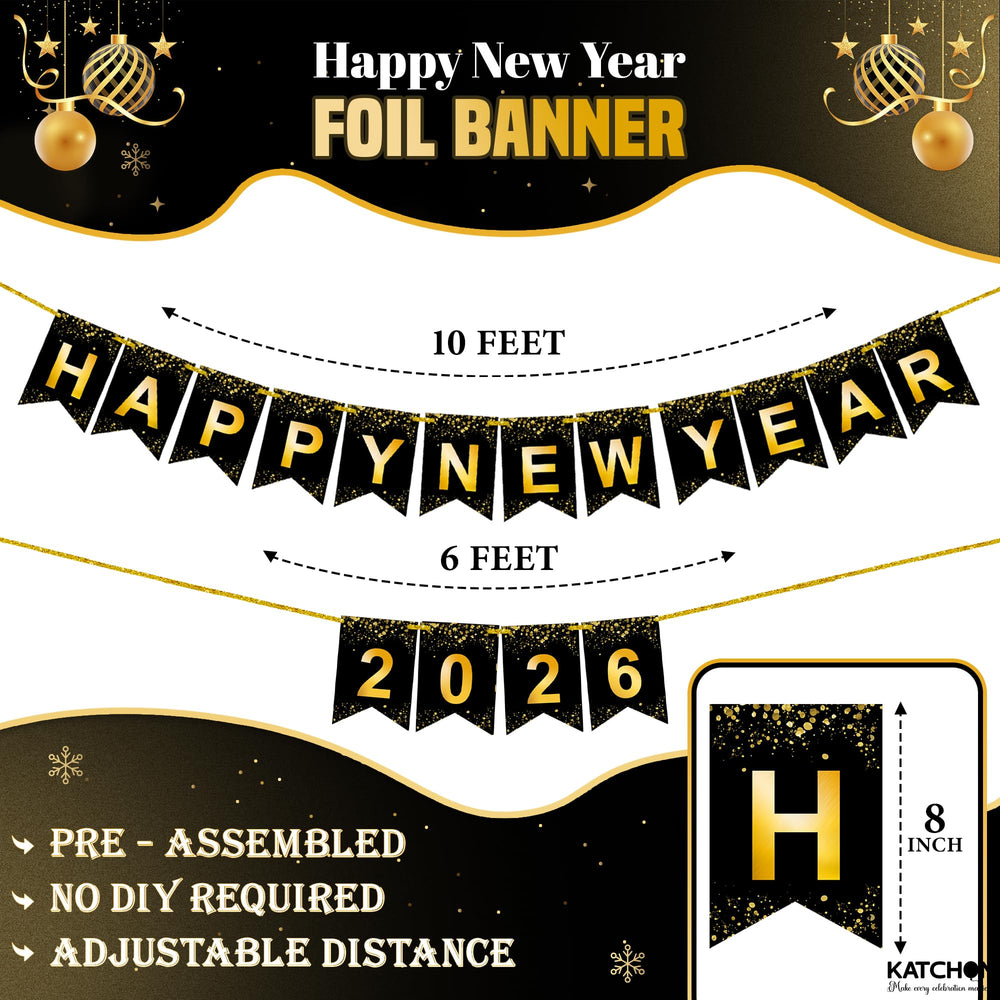 KatchOn Happy New Year banner gold foil detail adds festive elegance.