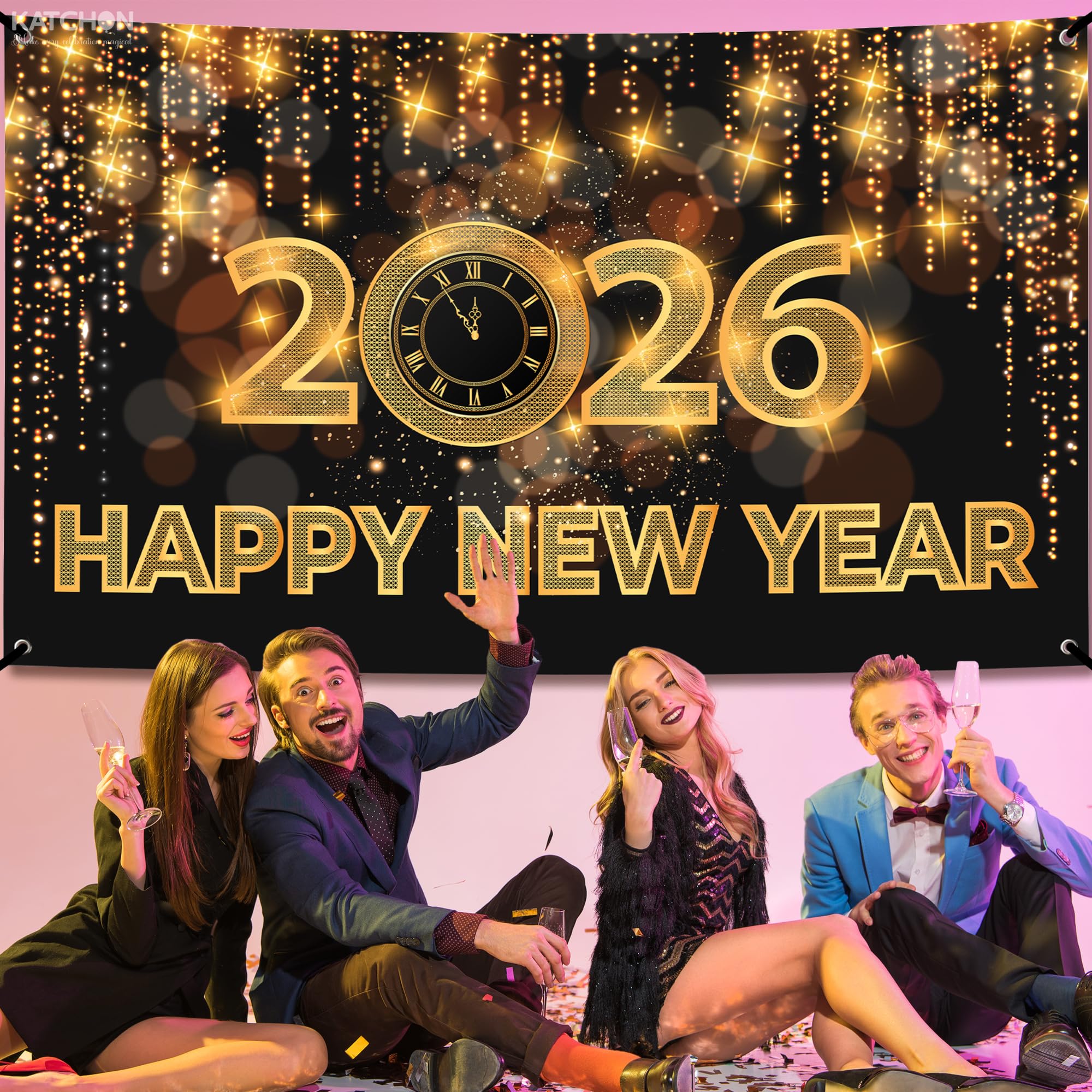 KatchOn Happy New Year banner with gold lettering for elegance.