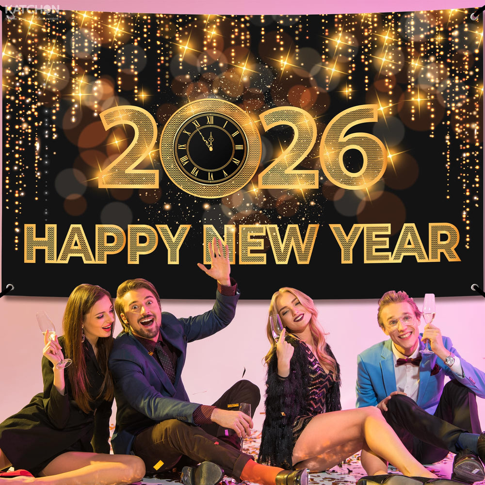 KatchOn Happy New Year banner with gold lettering for elegance.
