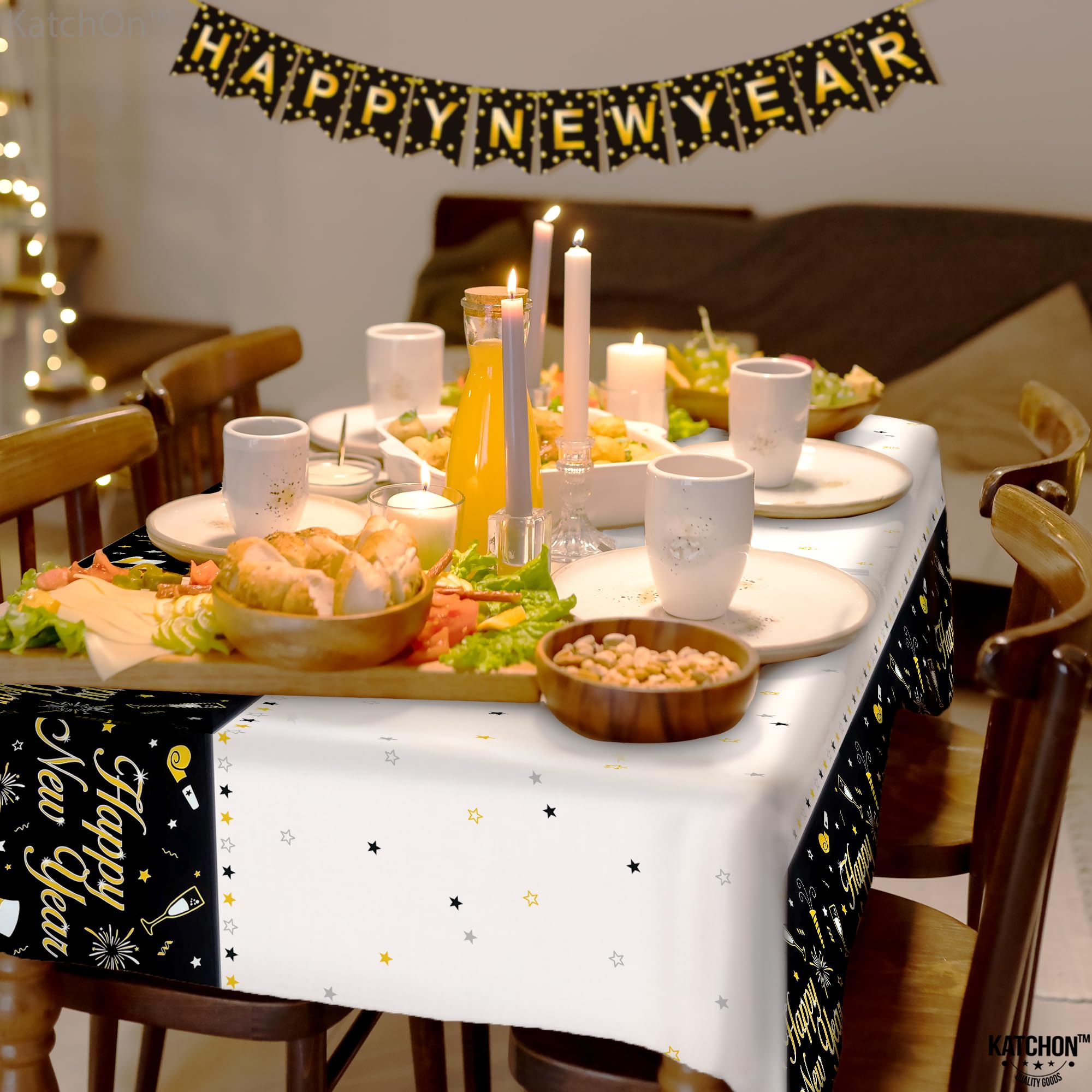 KatchOn tablecloth with glossy surface, enhances gold accents and shiny decor.