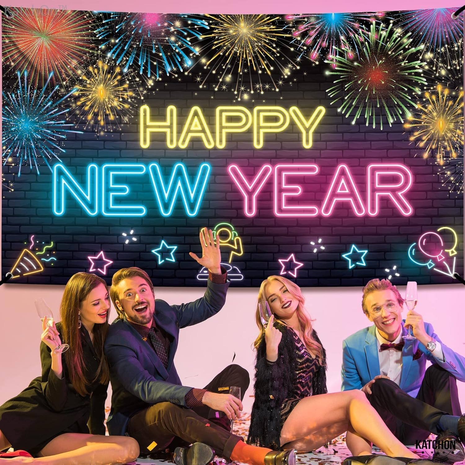 KatchOn Happy New Year banner offers a glamorous backdrop for photos.