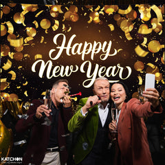 KatchOn Happy New Year Banner 2026 displayed at entry for welcoming guests outdoors