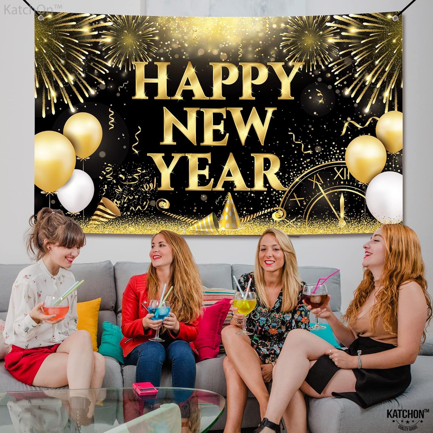 KatchOn indoor outdoor suitable banner for versatile NYE decorations.
