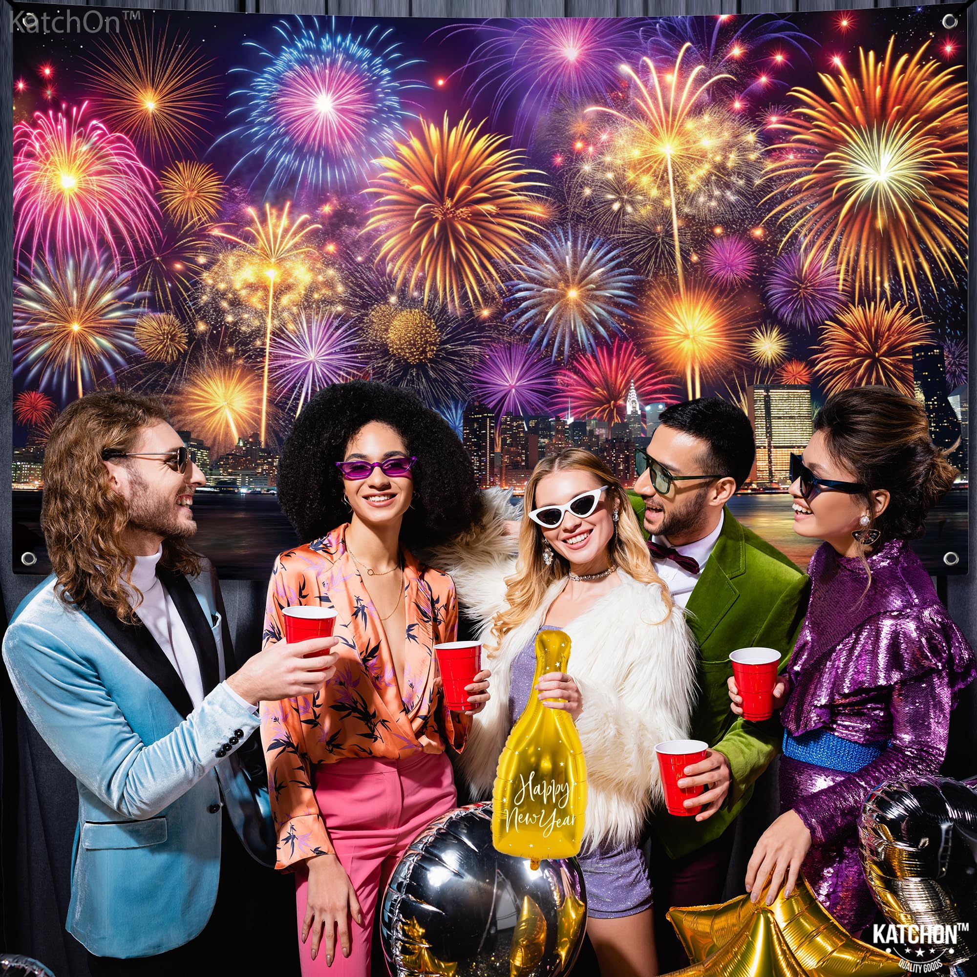 KatchOn NYE banner with city lights, enhances guest greetings and photos.