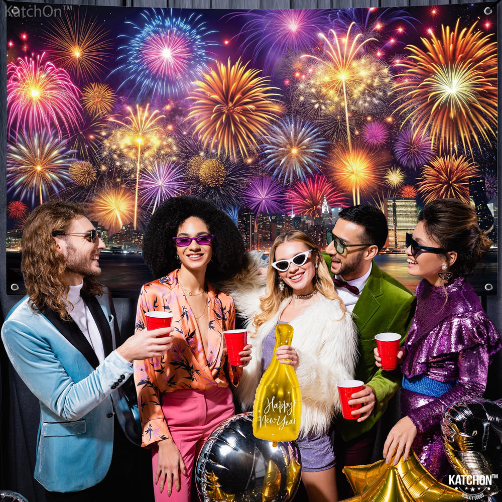 KatchOn NYE banner with city lights, enhances guest greetings and photos.