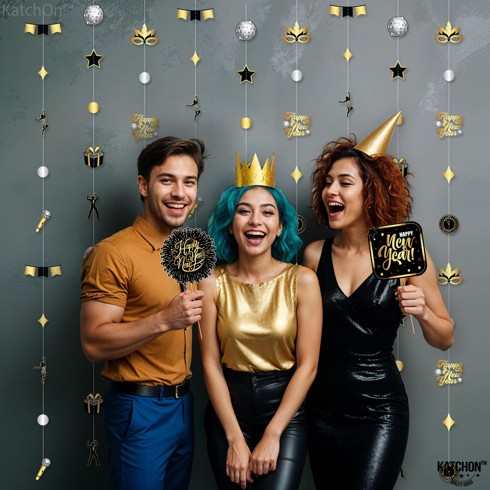 KatchOn NYE banner 2026 gold and black suits entrances and wall décor