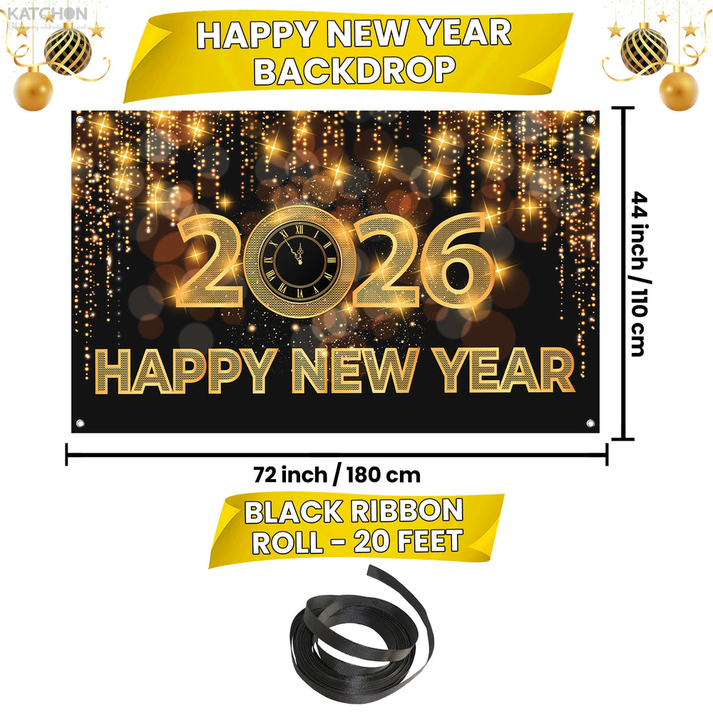 KatchOn NYE banner in black and gold for indoor or outdoor celebrations.