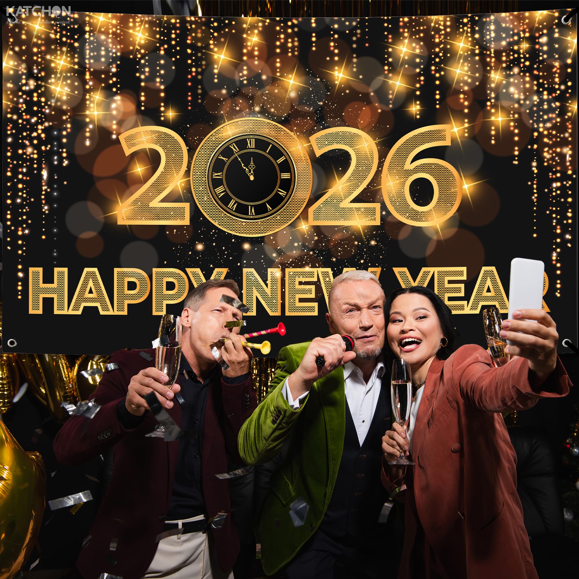 KatchOn NYE decor welcomes guests at entryways.