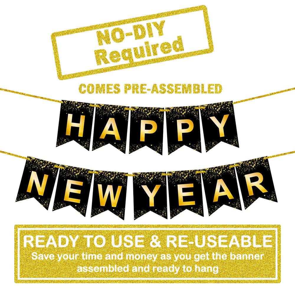 KatchOn Gold Happy New Year Banner 2026 - 10ft Pre-Strung NYE Backdrop ...