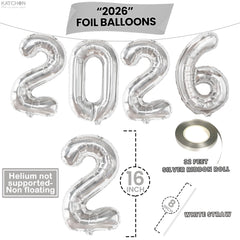 KatchOn foil 2026 silver balloon, front view, perfect NYE backdrop.