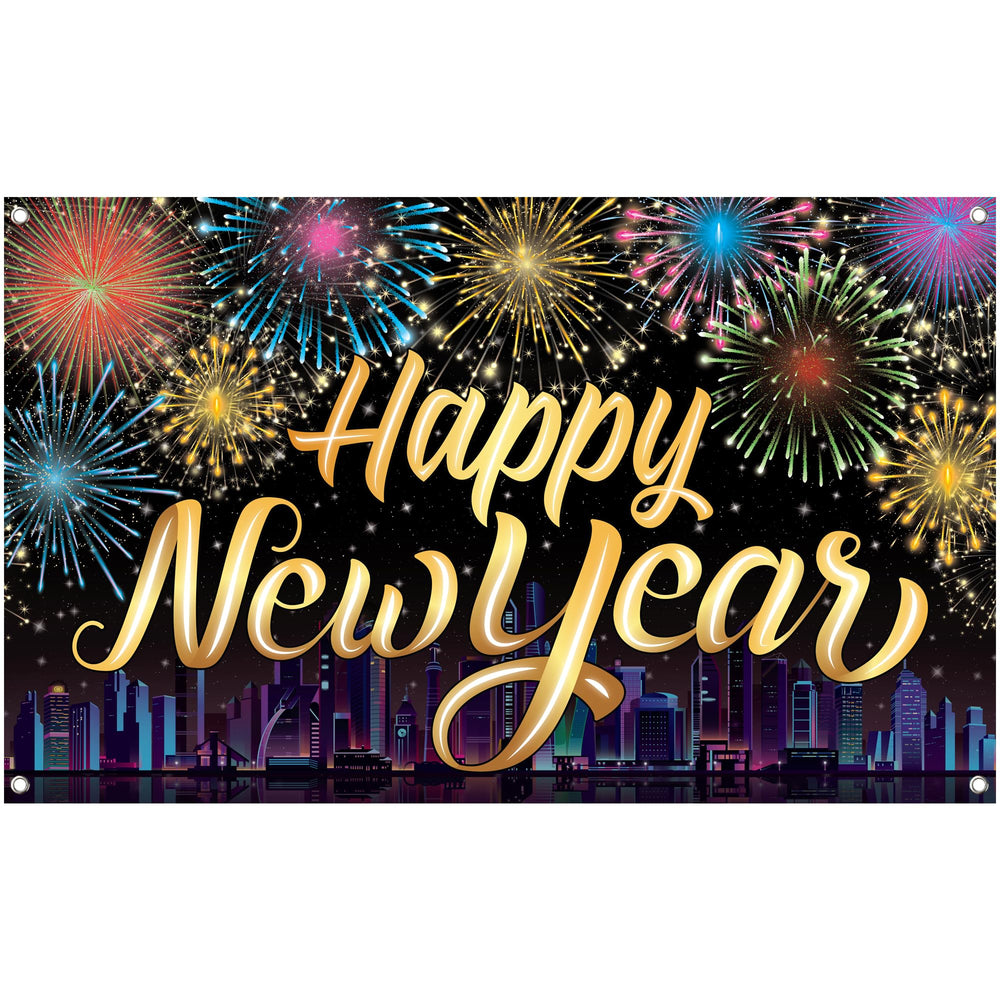 KatchOn XtraLarge Happy New Year Banner backdrop with fireworks city view for stunning NYE photos.