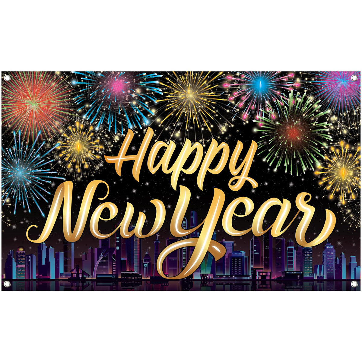 KatchOn XtraLarge Happy New Year Banner backdrop with fireworks city view for stunning NYE photos.