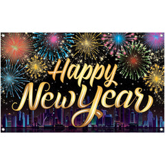 KatchOn XtraLarge Happy New Year Banner backdrop with fireworks city view for stunning NYE photos.