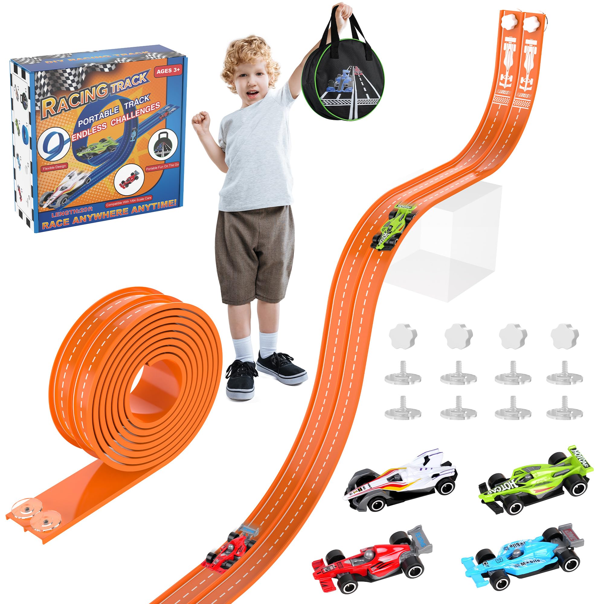 Katgogoo 20ft flexible race track with checkered flag start for head-to-head races.