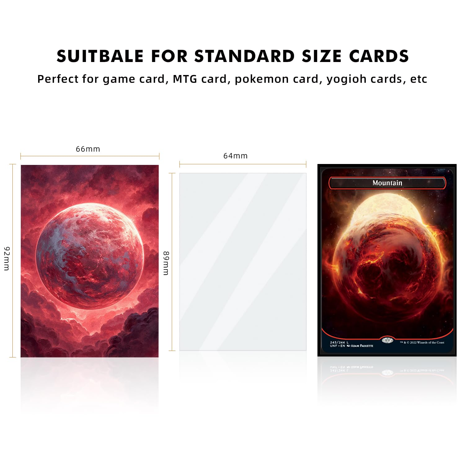 Katomula 66x92mm standard-size sleeves fit most MTG cards securely.