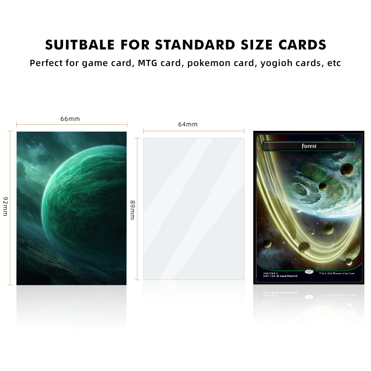 Katomula standard-size 66x92mm sleeves fit MTG and other standard cards securely.
