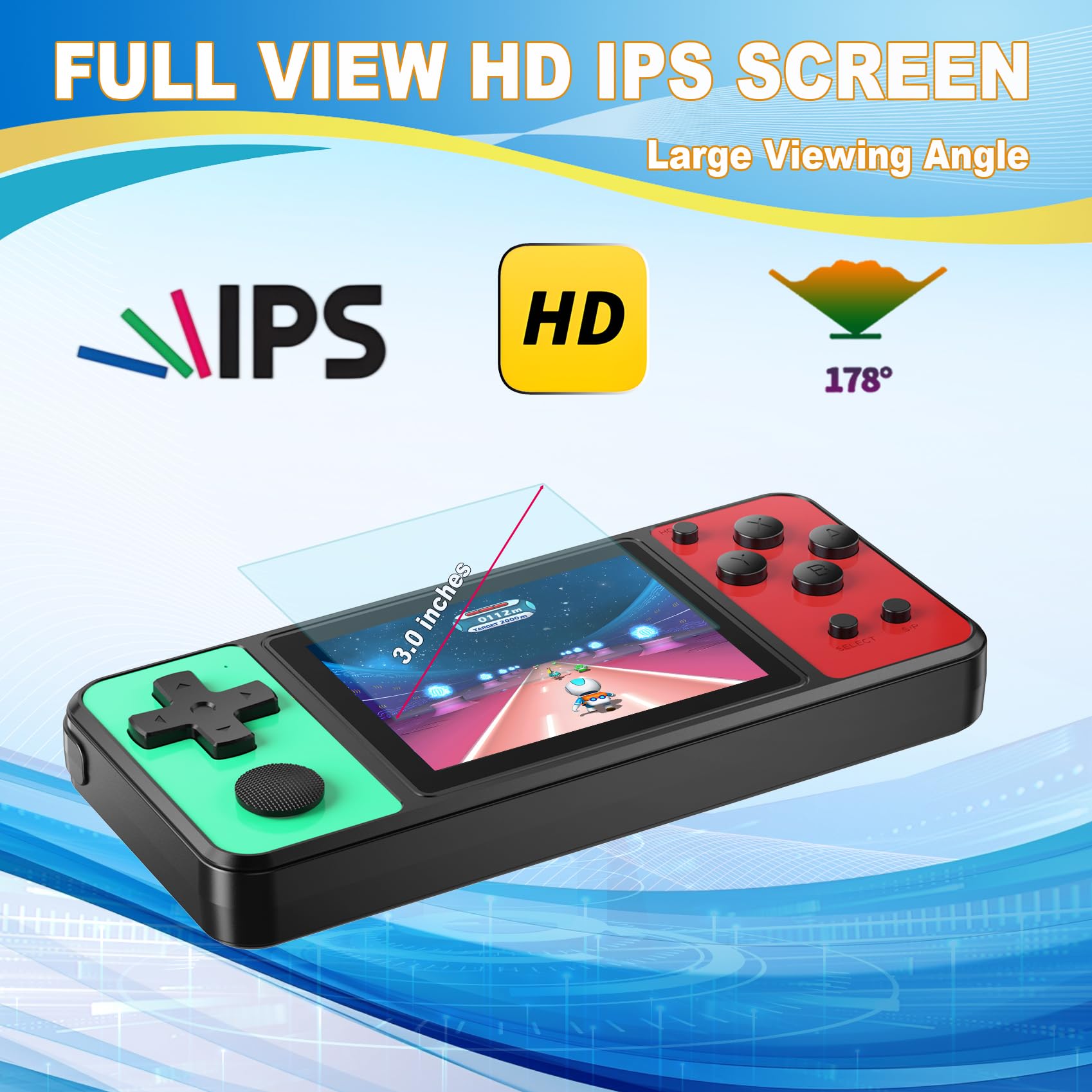 KAVOYI 3.0-inch IPS display with crisp colors ideal for on-the-go gaming.