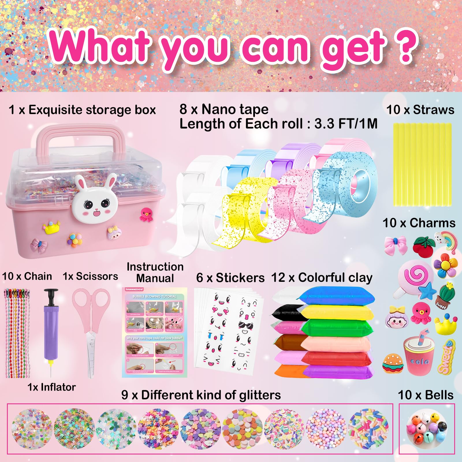 KAWAIZOO nano tape roll colors enables vibrant bubble creations with multiple hues.