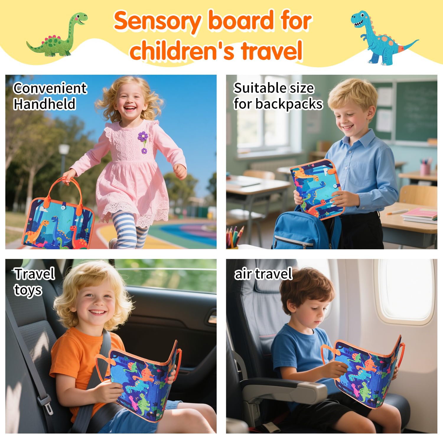 KAWITLO dinosaur busy board color and shapes pages for visual discrimination and sorting.