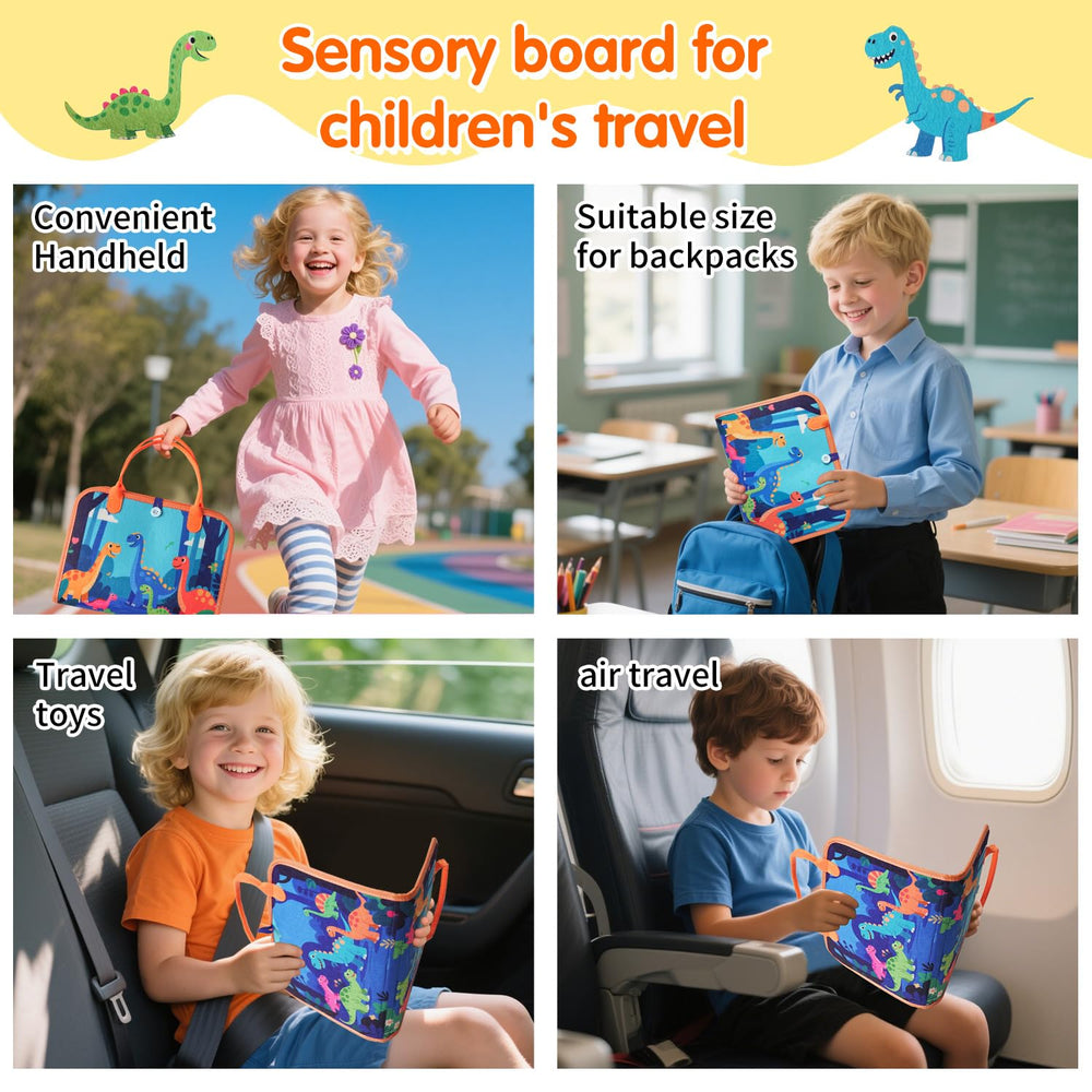 KAWITLO dinosaur busy board color and shapes pages for visual discrimination and sorting.