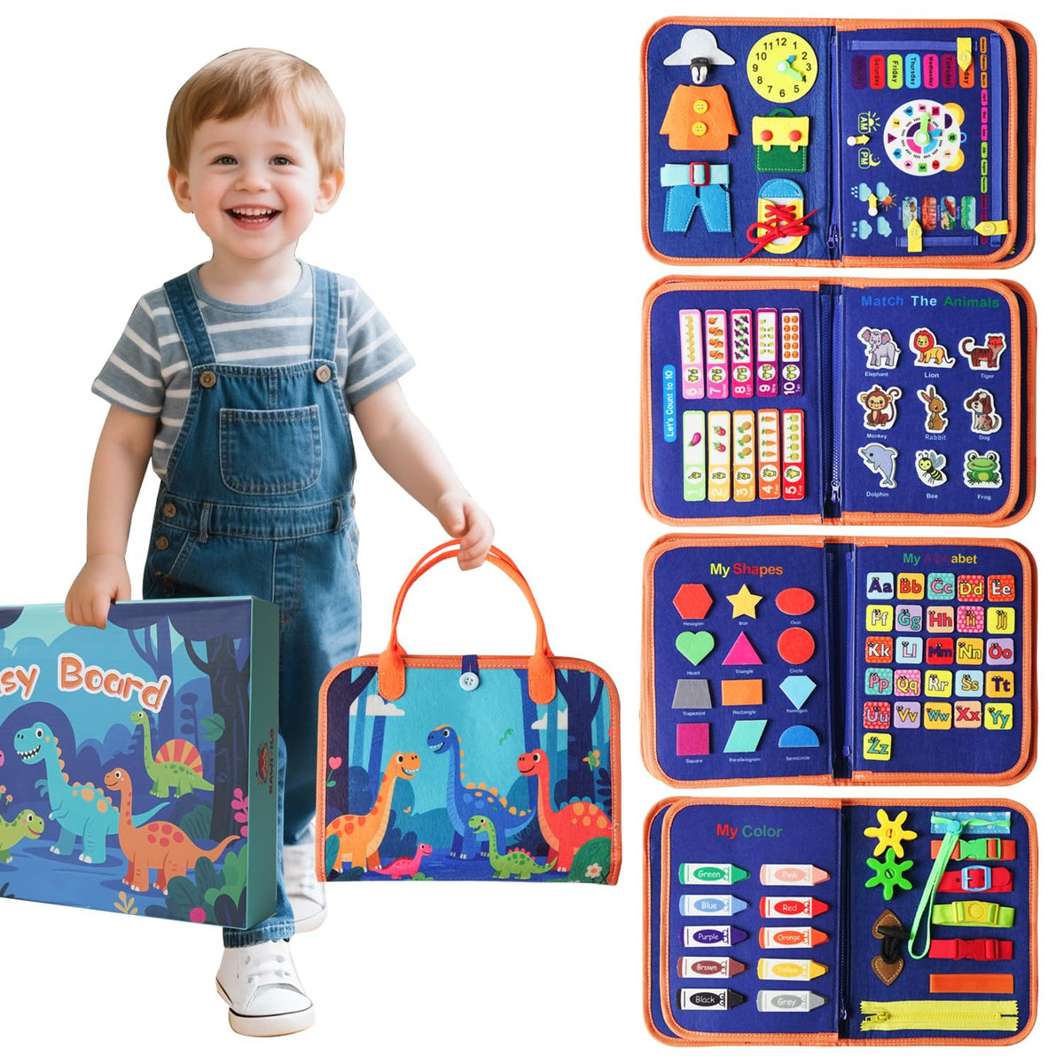 KAWITLO dinosaur busy board front view with engaging Montessori activities for independent play.